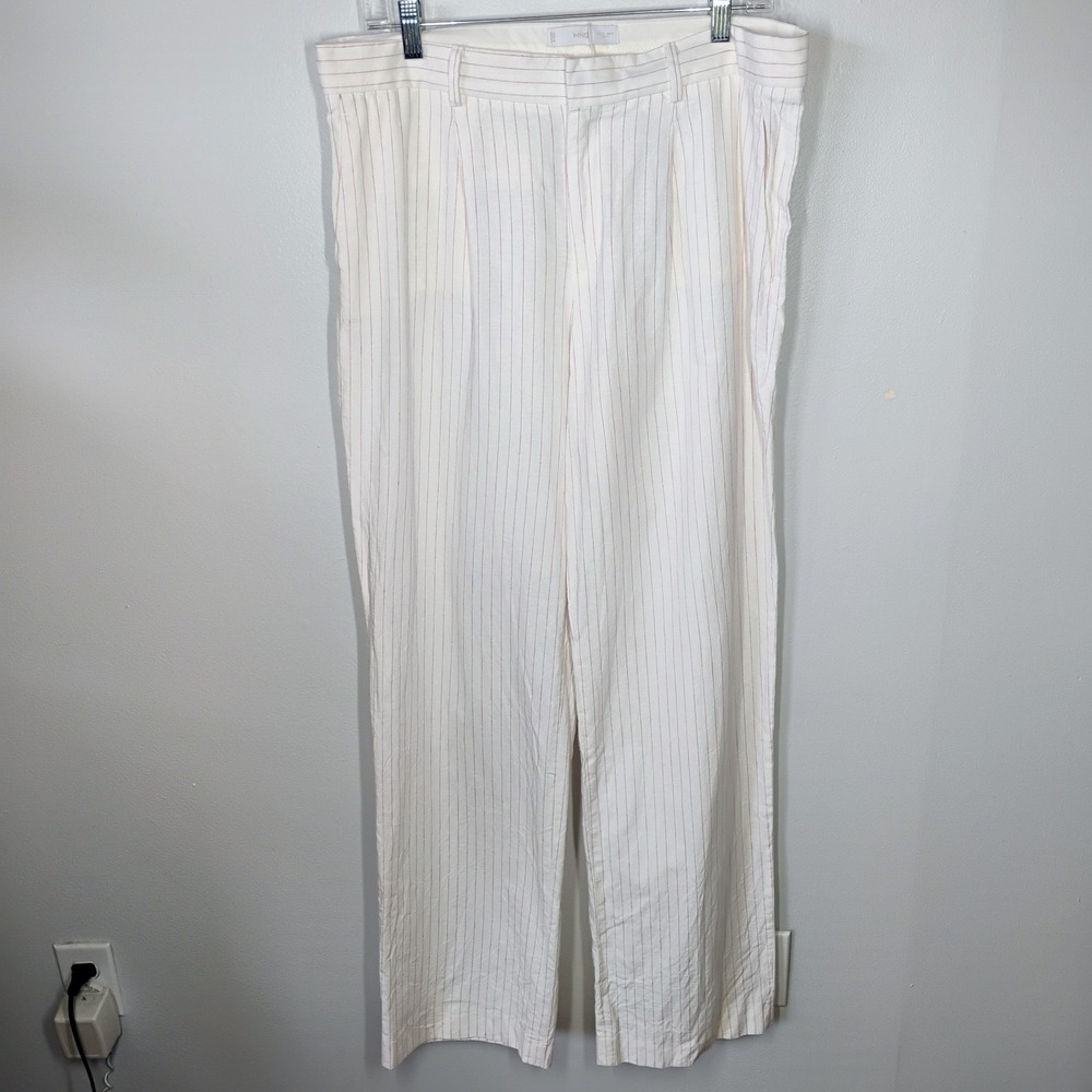 Mango MNG Pink Pinstripe Trousers Womens 10 White Linen Blend Wide Leg High Rise